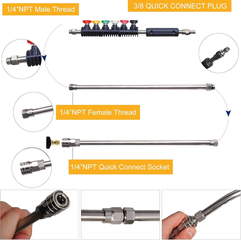 Pressure Washer Extension Wand, 10 Pack Power Washer Lance with 6 Atomization Nozzle Tips,1 Gutter Cleaner Attachment Curved Rod, 1/4" Quick Connect