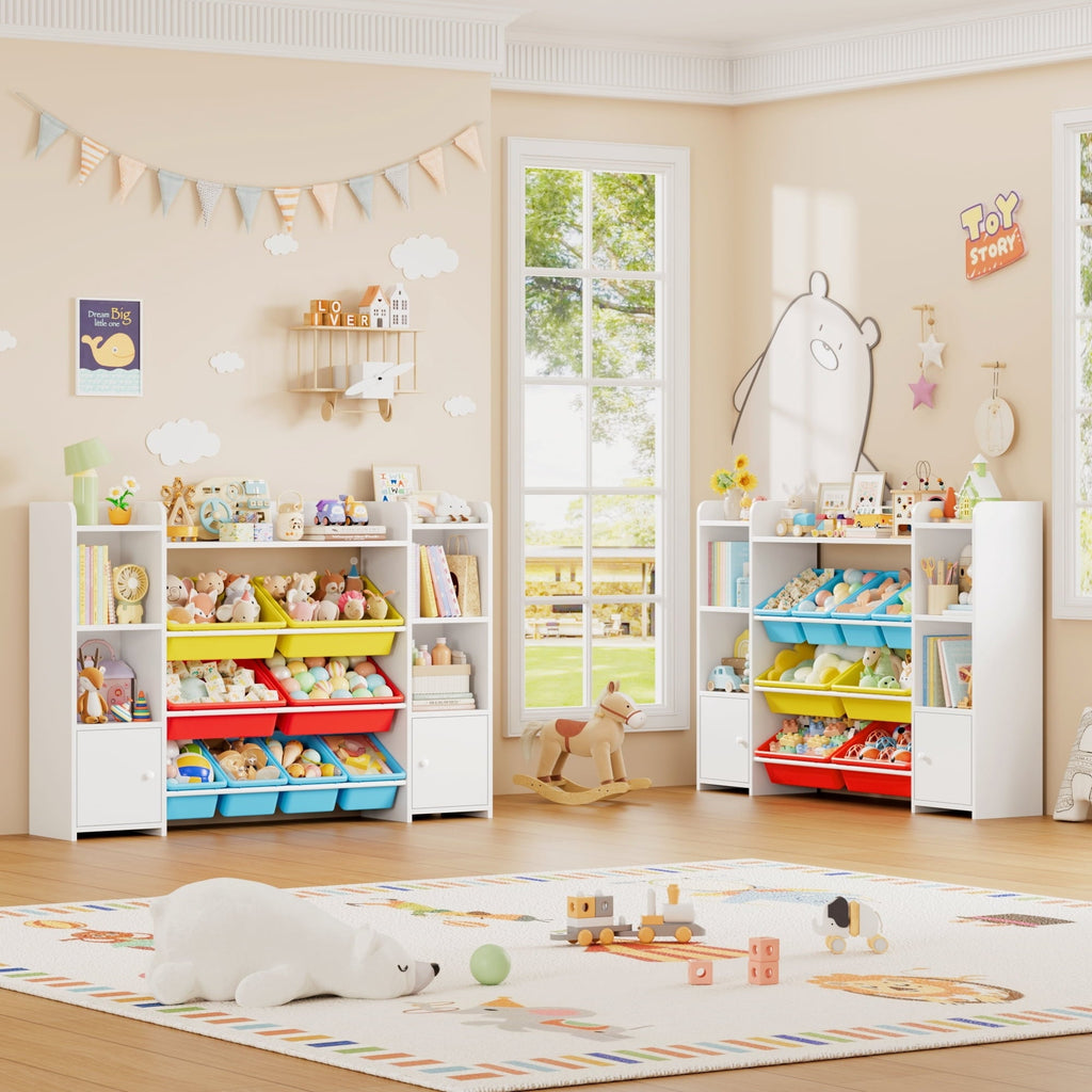 Homfa Kids Toy Storage Organizer Shelf with 8 Cube Storage Bins, White Kids Bookcase, Wood Toy Boxes for Playroom, White/ Primary