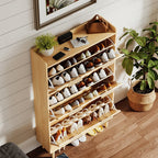 Ktaxon Fluted Shoe Cabinet with 3 Flip Drawers, Narrow Shoes Storage for Entryway, Oak
