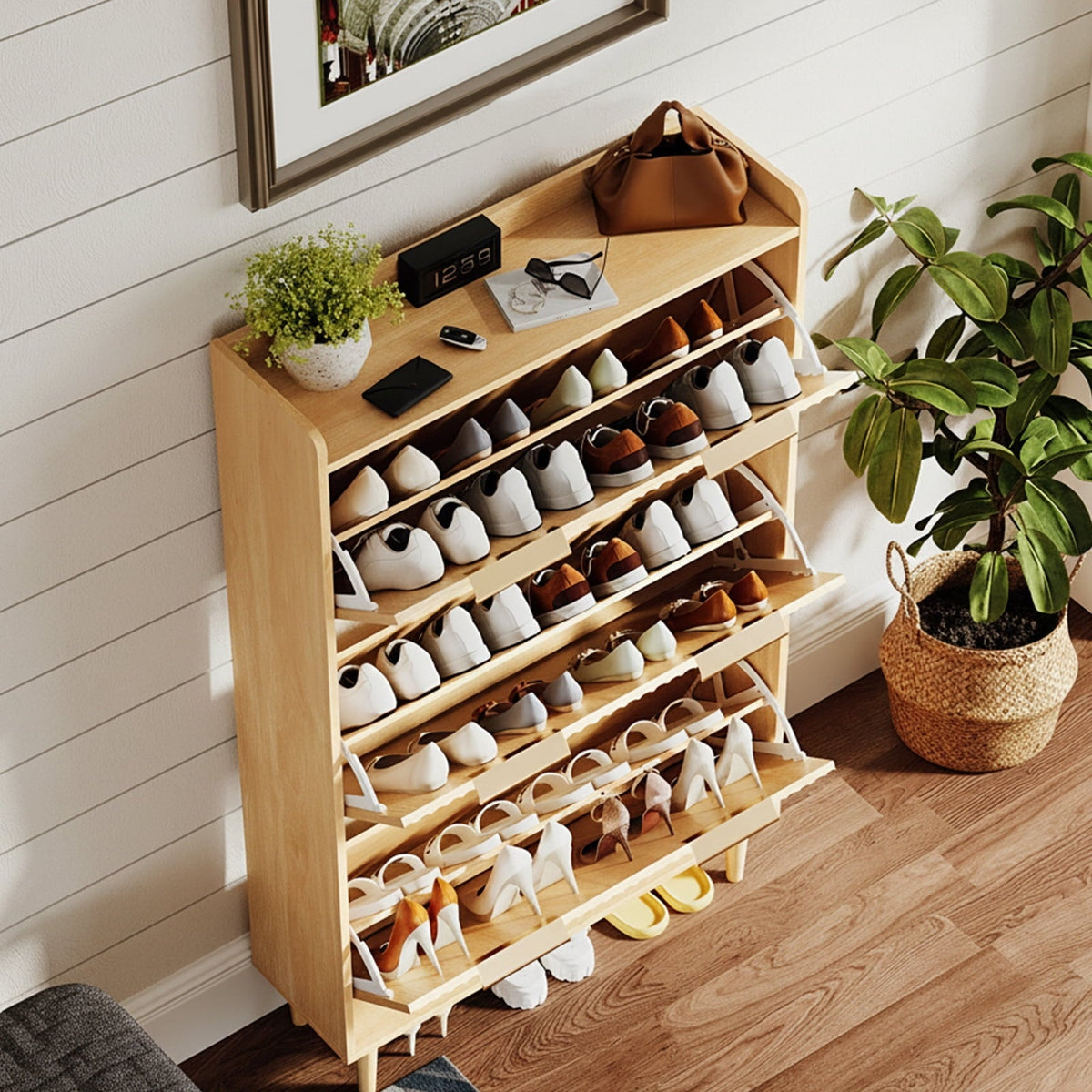 Ktaxon Fluted Shoe Cabinet with 3 Flip Drawers, Narrow Shoes Storage for Entryway, Oak