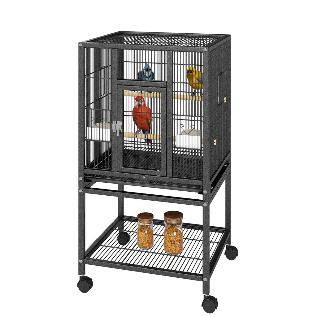 Uforic 41" Metal Bird cage with Rolling Stand, Tray, 2 Perches and 2 Feeders, Black