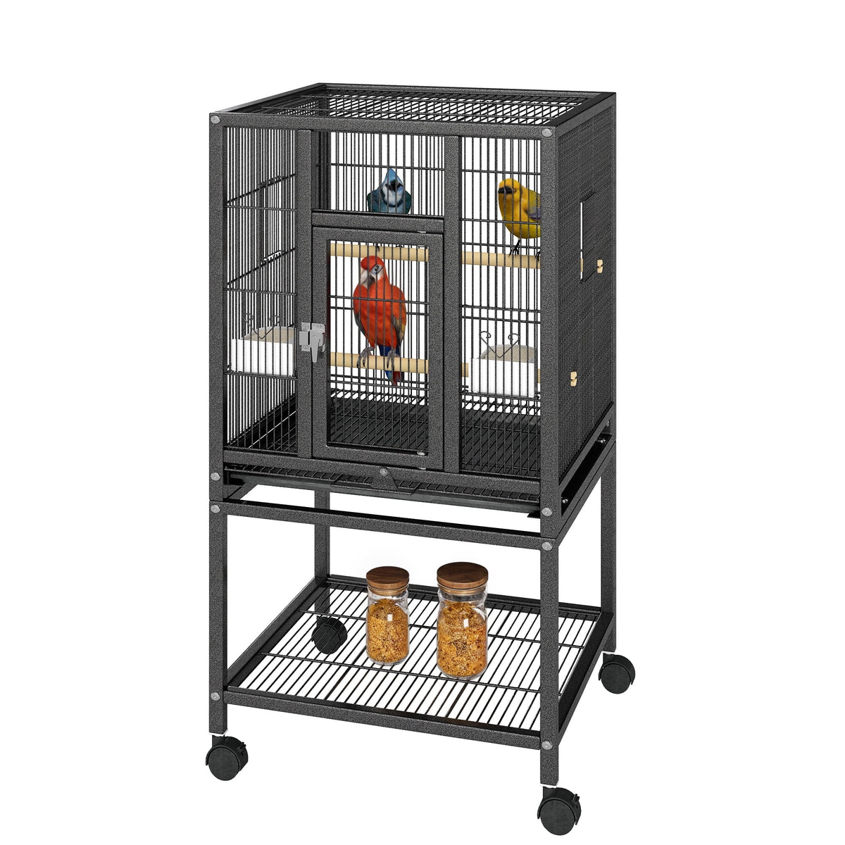 Uforic 41" Metal Bird cage with Rolling Stand, Tray, 2 Perches and 2 Feeders, Black