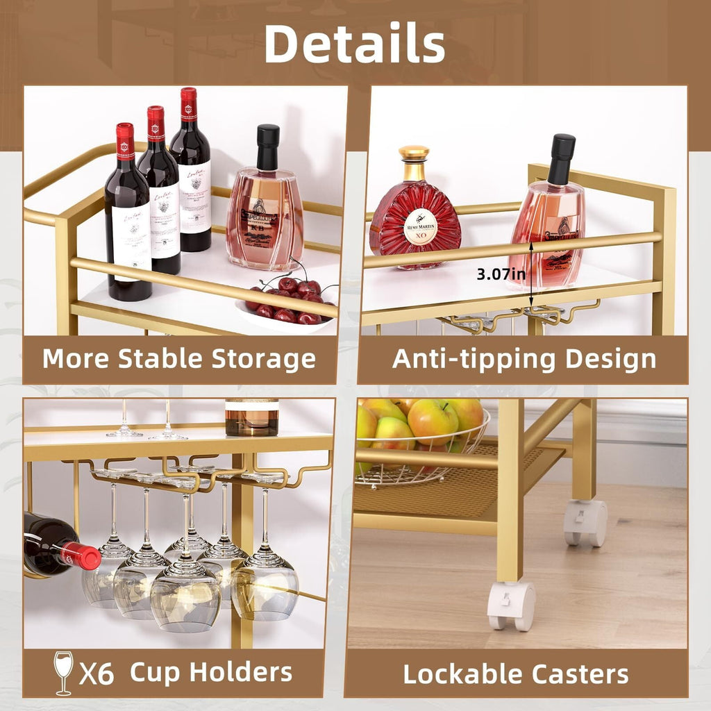 Buildhom 2-Tier Bar Cart with Wheels, Rolling Serving Cart with Wine Rack & Glass Holder for Kitchen, Living Room, Dining Room, Gold