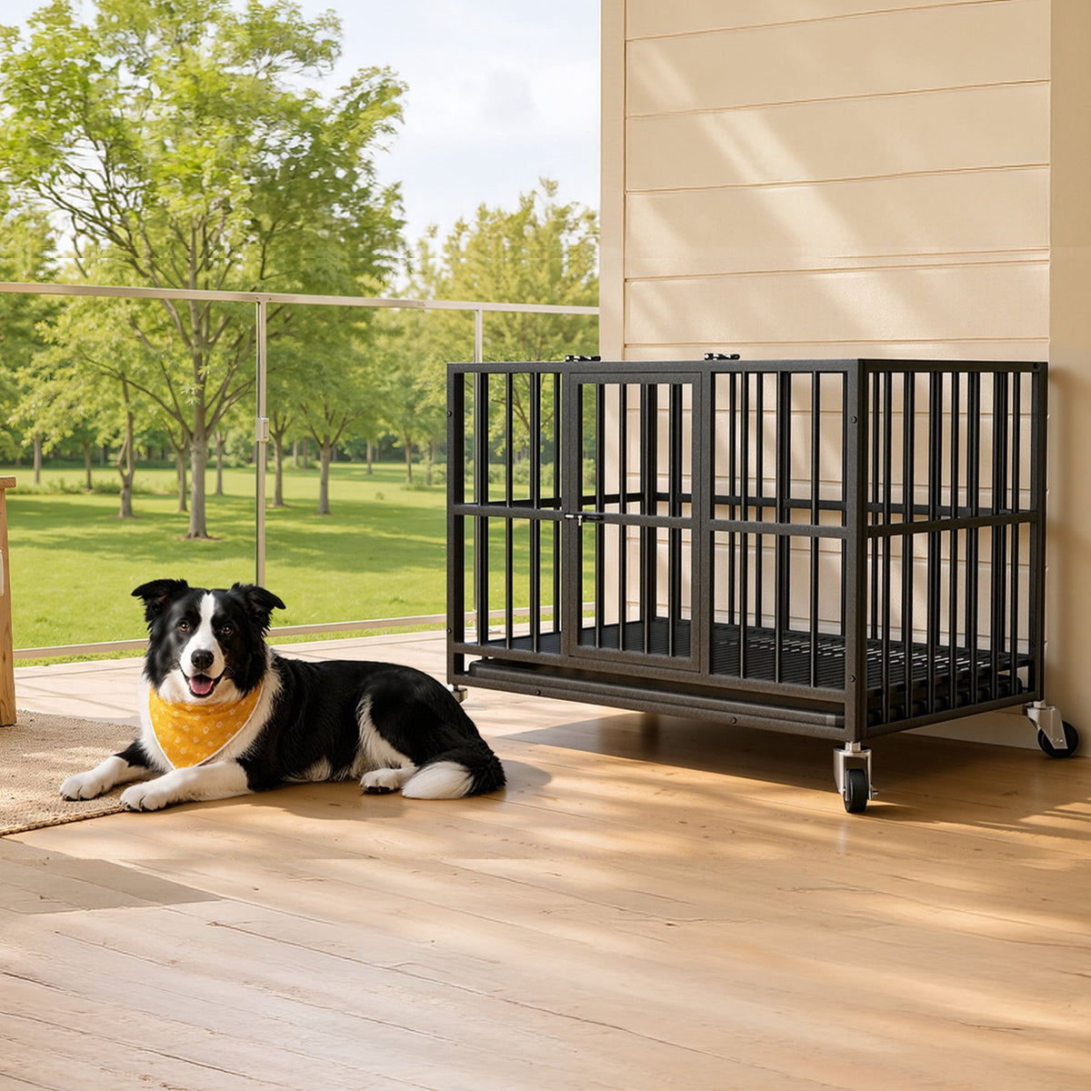 Time Ray 38 inch Dog Crate for Medium Dog with Steel Escape Proof,Heavy Duty Indestructible Dog Kennel with Double Doors,Lockable Wheels and