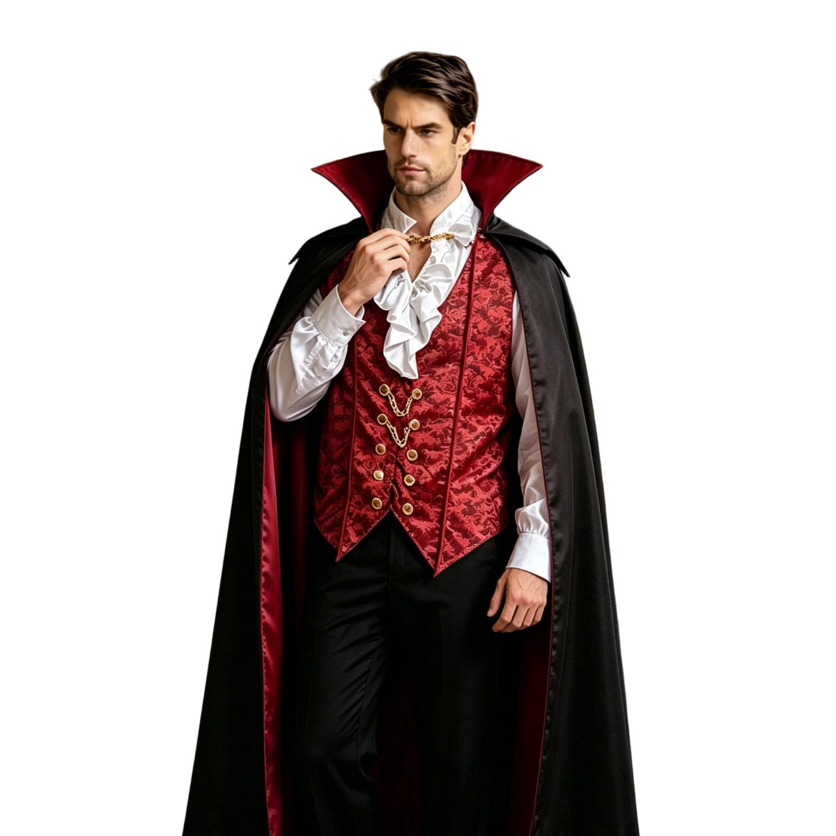 JOANKDMI Mens Gothic Vampire Costume Set with Stand Collar Cape Vest and Ruffle Shirt Classic Aristocrat Dracula Outfit for Halloween Role Play Role Play Theme Party
