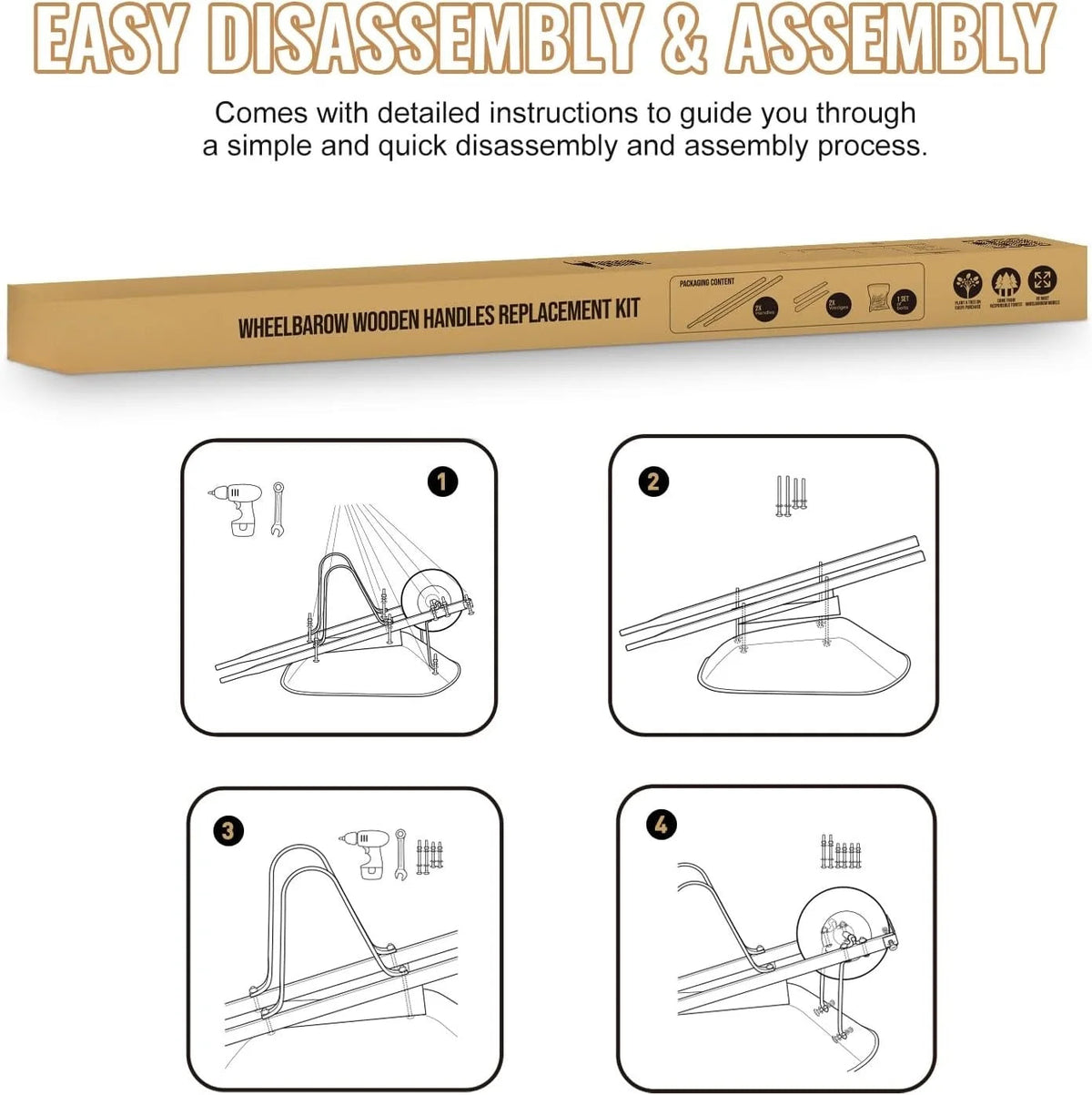 Wheelbarrow Replacement Handle Kit, 2 Pre-Drilled FSC Wood Handles, 60 in