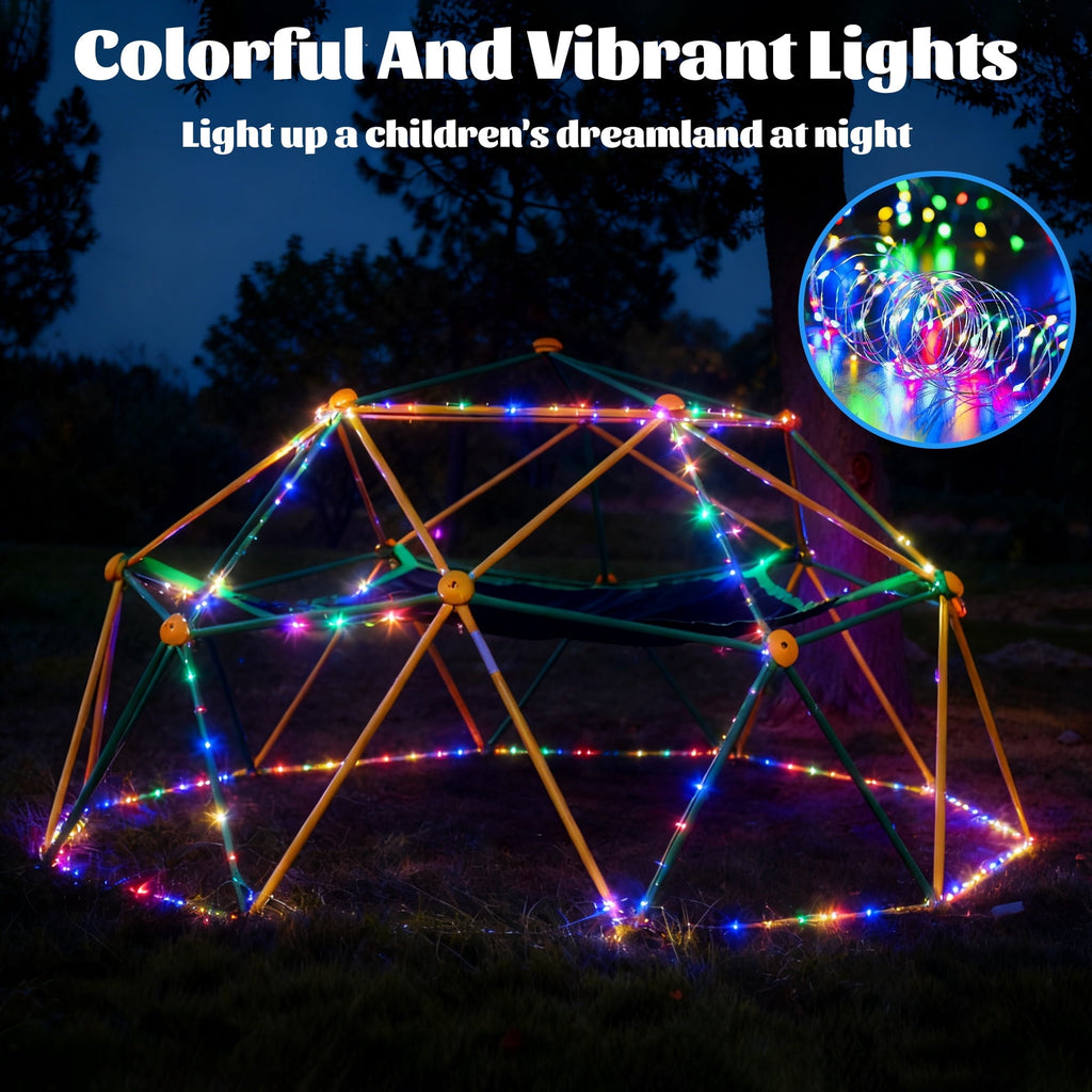 10FT Climbing Dome with Hammock and Led String Light,Fashionsport Outfitters Kids Geometric Climber Dome Jungle Gym Outdoor Play Toddler Play Set for