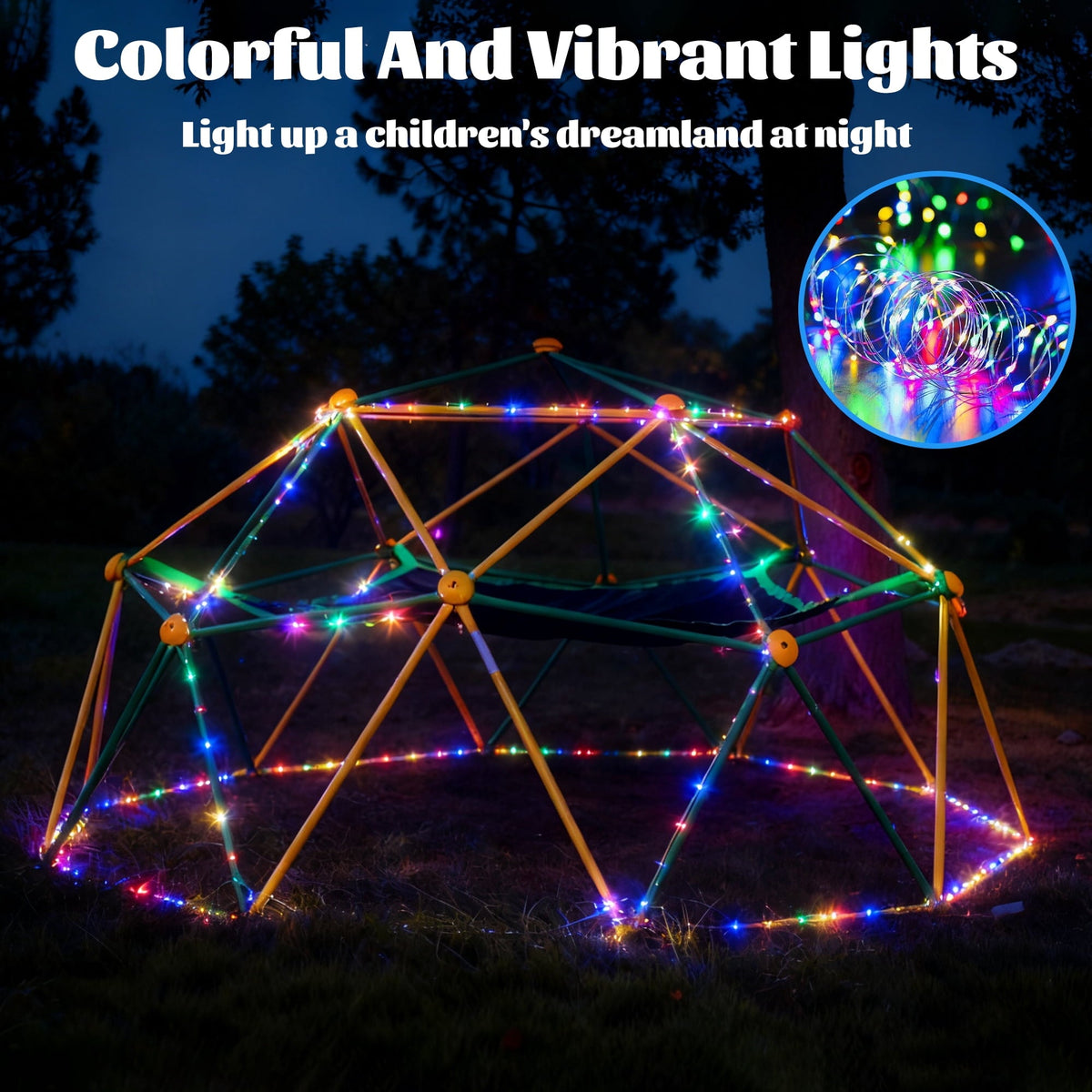 10FT Climbing Dome with Hammock and Led String Light,Fashionsport Outfitters Kids Geometric Climber Dome Jungle Gym Outdoor Play Toddler Play Set for