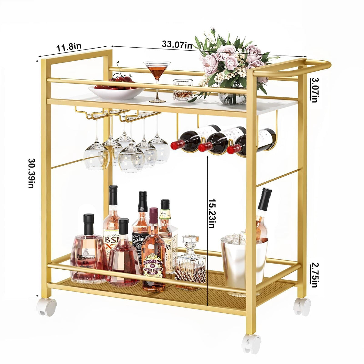 Buildhom 2-Tier Bar Cart with Wheels, Rolling Serving Cart with Wine Rack & Glass Holder for Kitchen, Living Room, Dining Room, Gold