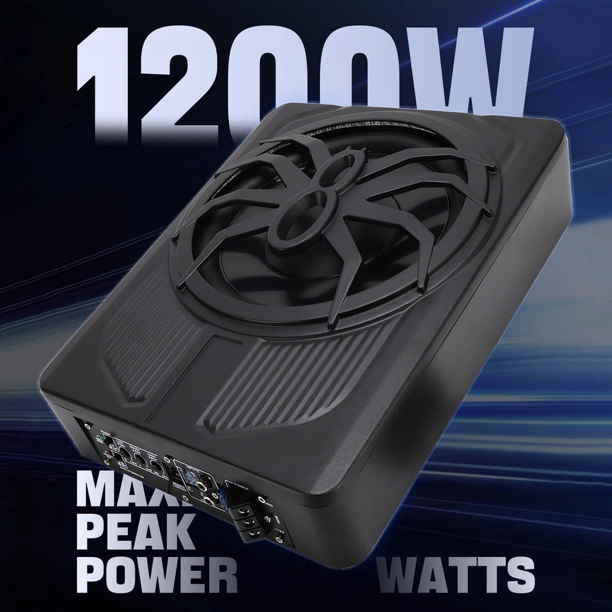 1200W Car Subwoofer with APP Control and Colour Light, 10'' 12V Slim Under Seat Powered Car Subwoofer w/Built-in Amplifier & Hi/Lo Input Bass Speaker