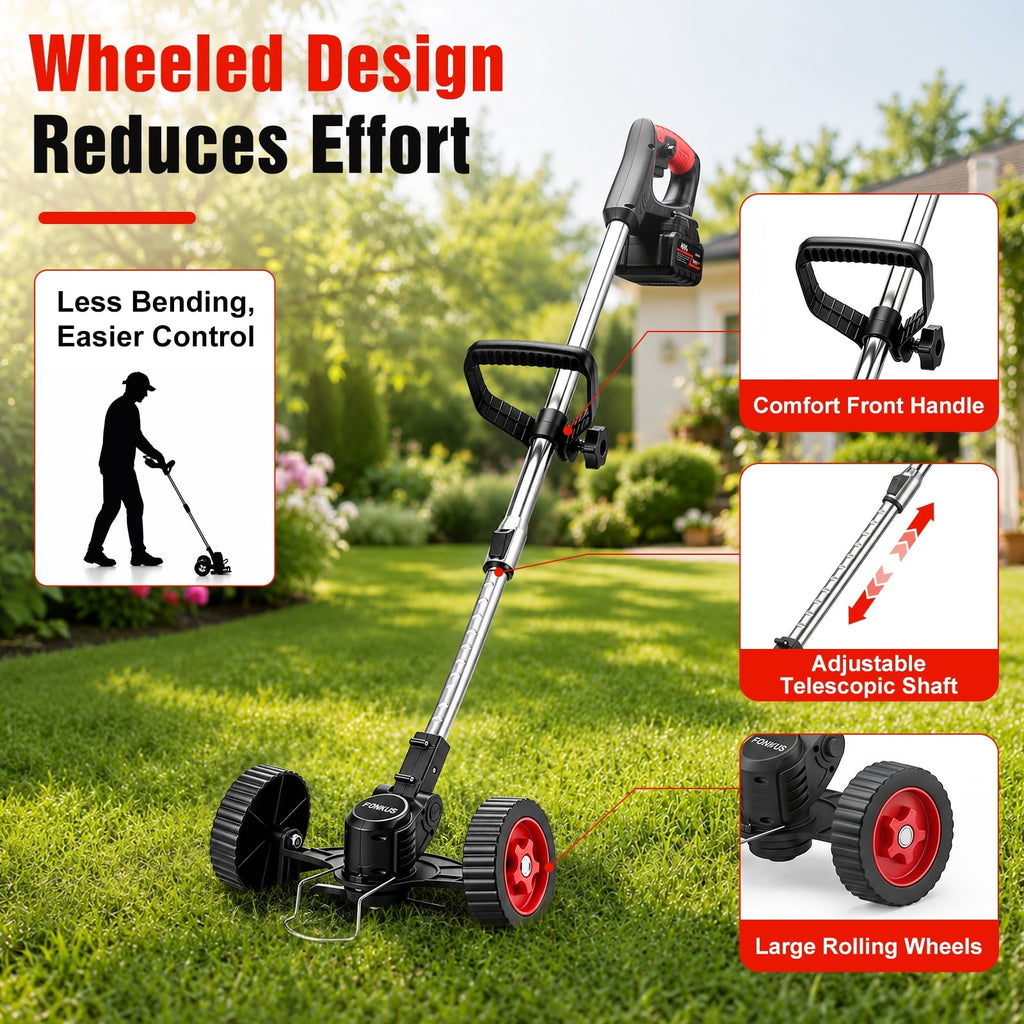 FOUKUS Cordless Weed Wacker Battery Powered - 800W Electric Grass Trimmer Edger Mower with Wheels - Lightweight Brush Cutter Tool for Lawn Care