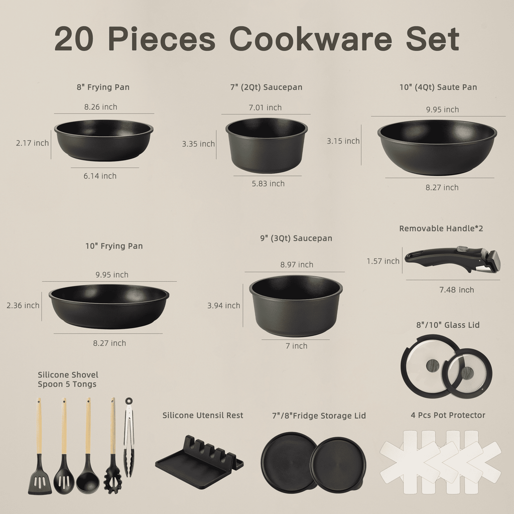 Astercook 20-Piece Pots and Pans Set, Nonstick Cookware Set with Detachable Handles, Oven & Dishwasher Safe, Induction Compatible, Stackable RV