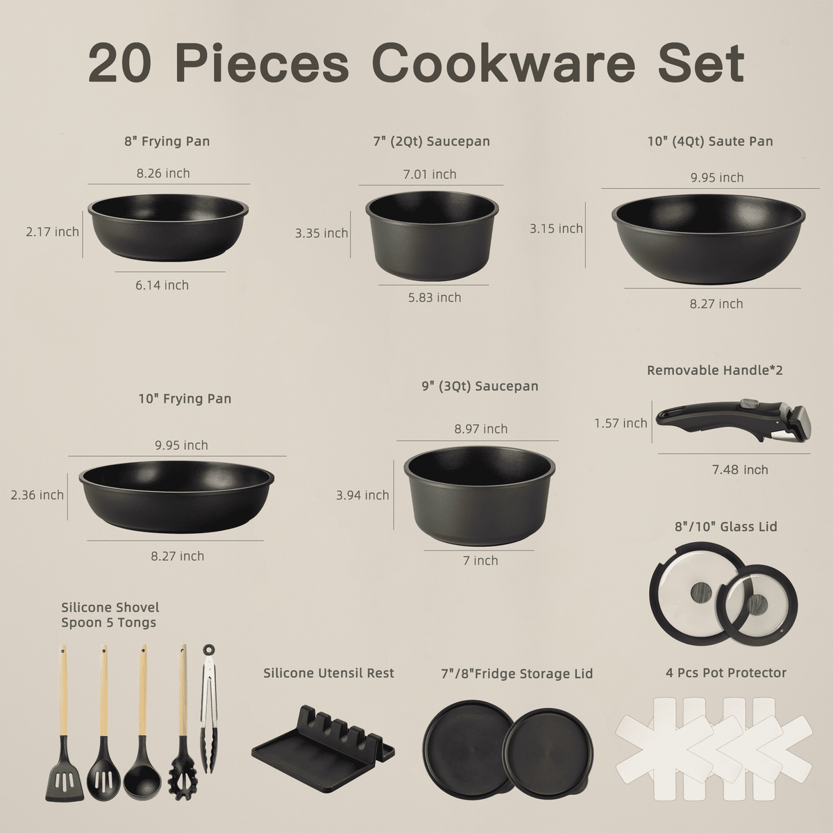 Astercook 20-Piece Pots and Pans Set, Nonstick Cookware Set with Detachable Handles, Oven & Dishwasher Safe, Induction Compatible, Stackable RV