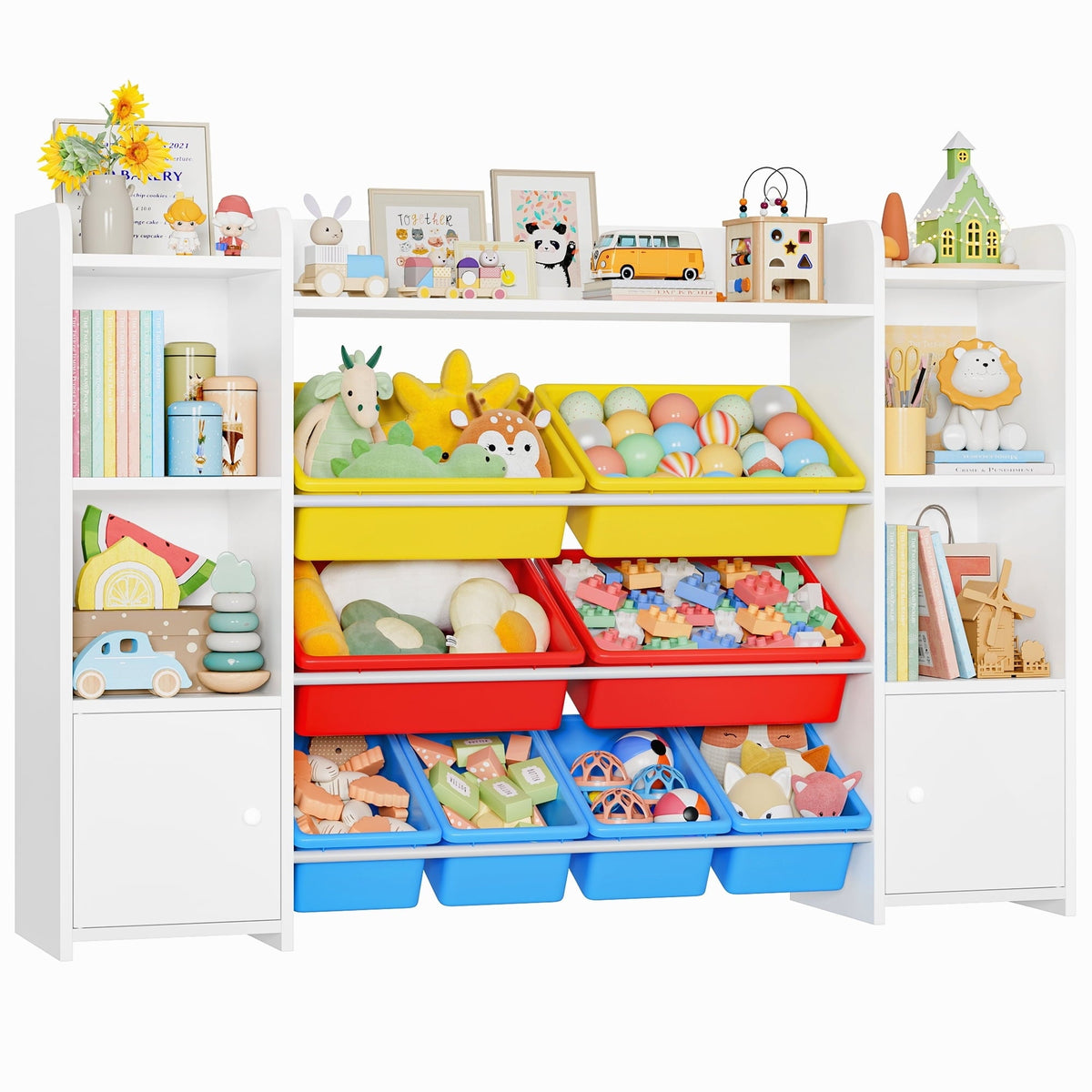 Homfa Kids Toy Storage Organizer Shelf with 8 Cube Storage Bins, White Kids Bookcase, Wood Toy Boxes for Playroom, White/ Primary