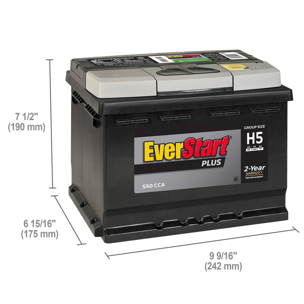 EverStart Plus Lead Acid Automotive Battery, Group Size H5 / LN2 / 47, 12 V, 550 CCA, 100 min RC