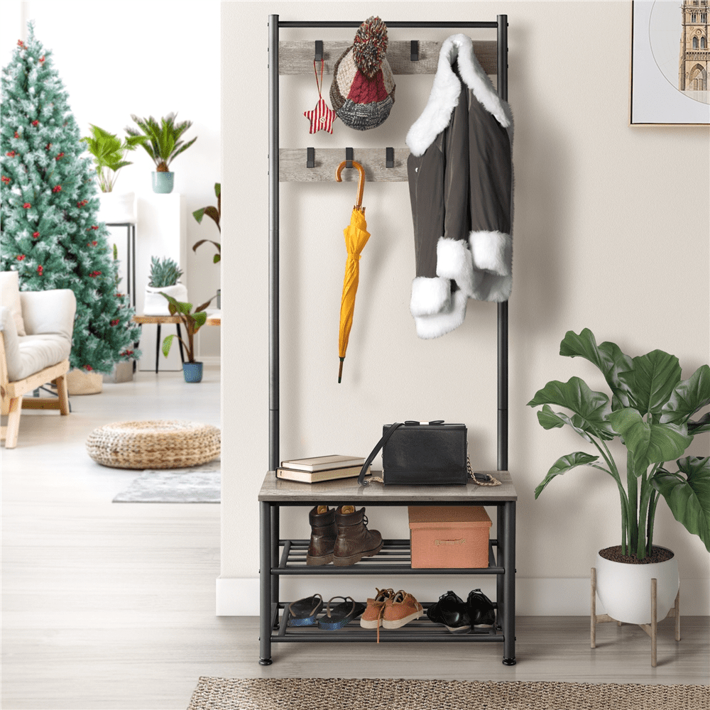 Yaheetech 73'' H Metal Hall Tree Entryway Coat Rack with Shoe Storage Bench & 9 Movable Hooks,Gray
