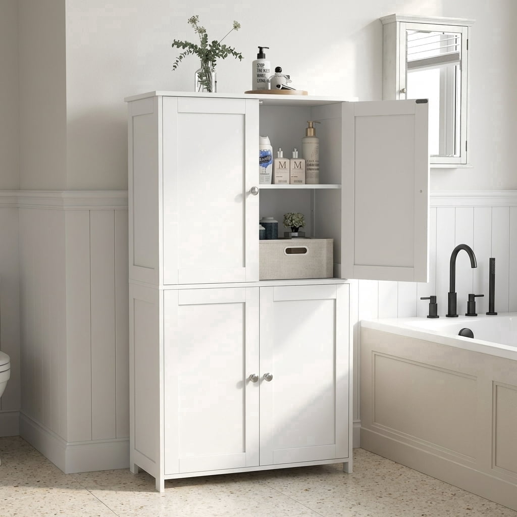 LEDREM Bathroom Storage Floor Cabinet Organizer with Adjustable Shelf 4 Magnetic Doors Freestanding for Small Spaces,White