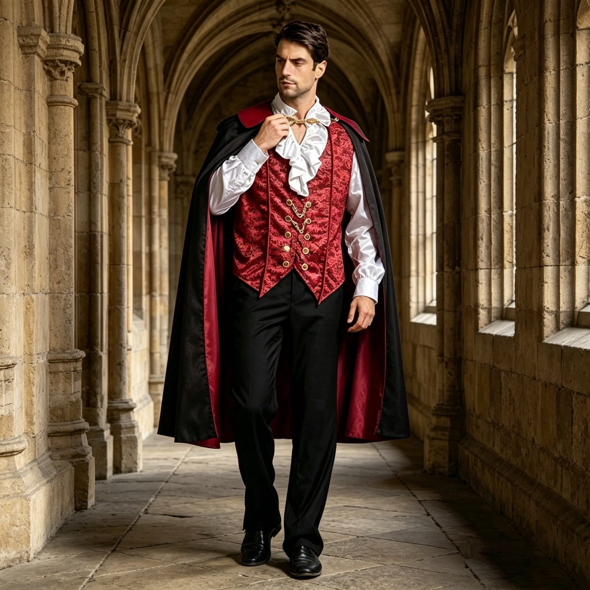 JOANKDMI Mens Gothic Vampire Costume Set with Stand Collar Cape Vest and Ruffle Shirt Classic Aristocrat Dracula Outfit for Halloween Role Play Role Play Theme Party