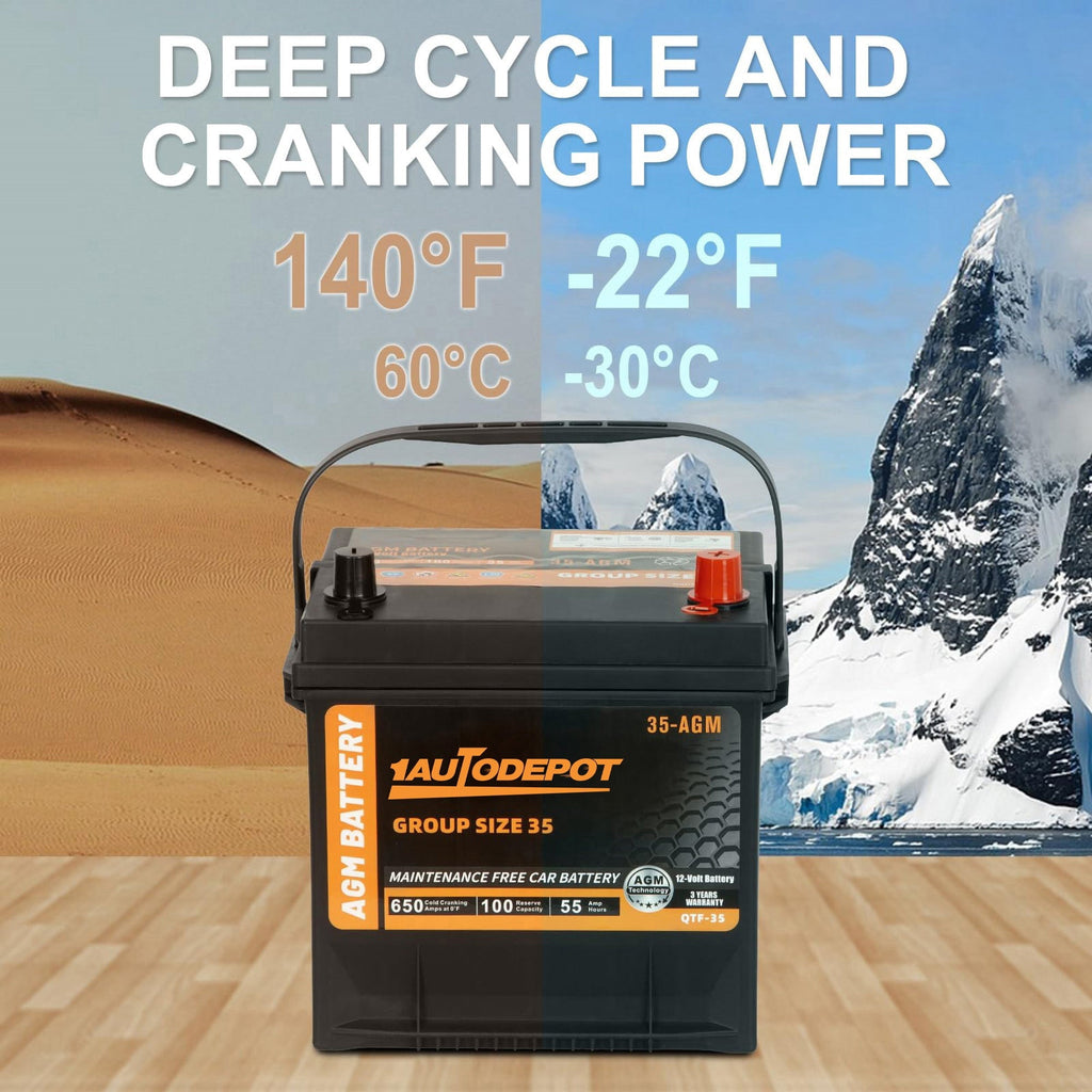 1AUTODEPOT Car Start Stop Battery Group Size 35 650CCA AGM Maintenance Free 12V 55Ah 100RC Rechargeable High Performance Battery
