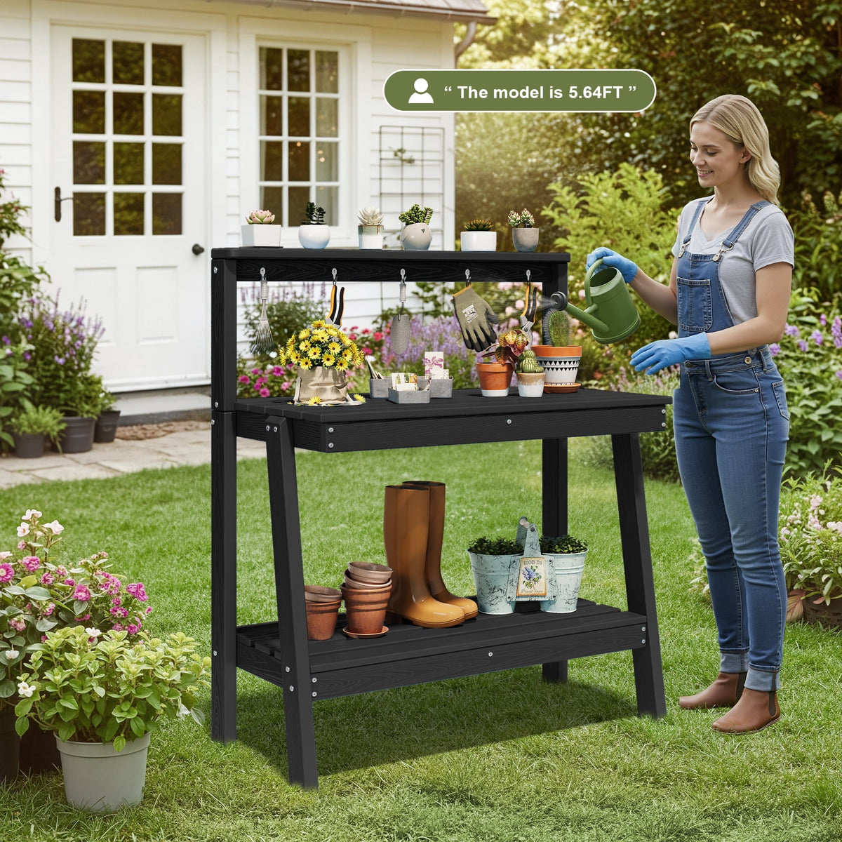 SERWALL Outdoor Potting Bench with Storage & Hooks, 3-Tier Heavy-Duty HDPE Garden Workstation Table, All-Weather Potting Table for Patio & Backyard
