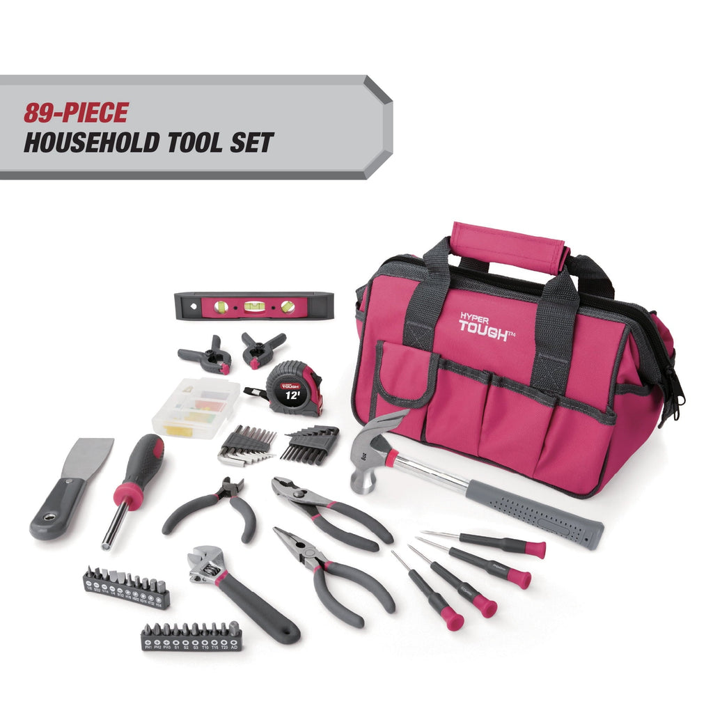 Hyper Tough 89-Piece Household Tool Set with 12-Pocket Zip-Up Tool Bag, Pink