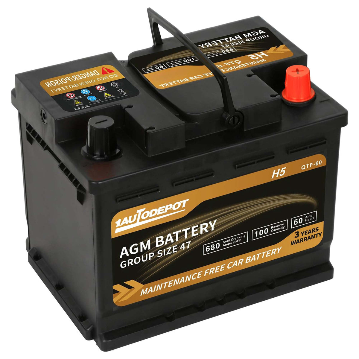 1AUTODEPOT Platinum AGM Group 47 Battery, 12 Volt Rechargeable Automotive Batteries for Car, H5 680CCA 60Ah 100RC