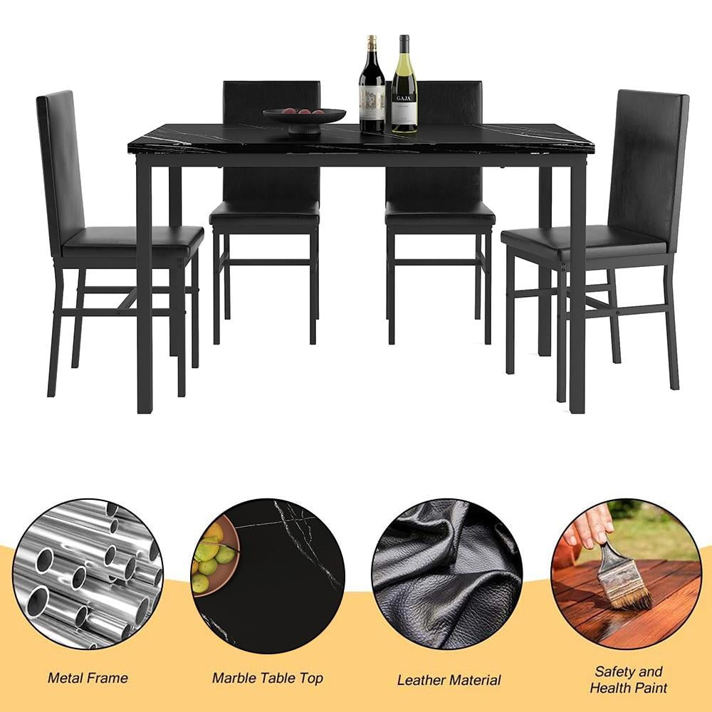 5 Piece Dining Table Set, Modern Faux Marble Tabletop and 4 PU Leather Upholstered Chairs, Rectangle Kitchen Table and Chairs for 4 Persons, Small