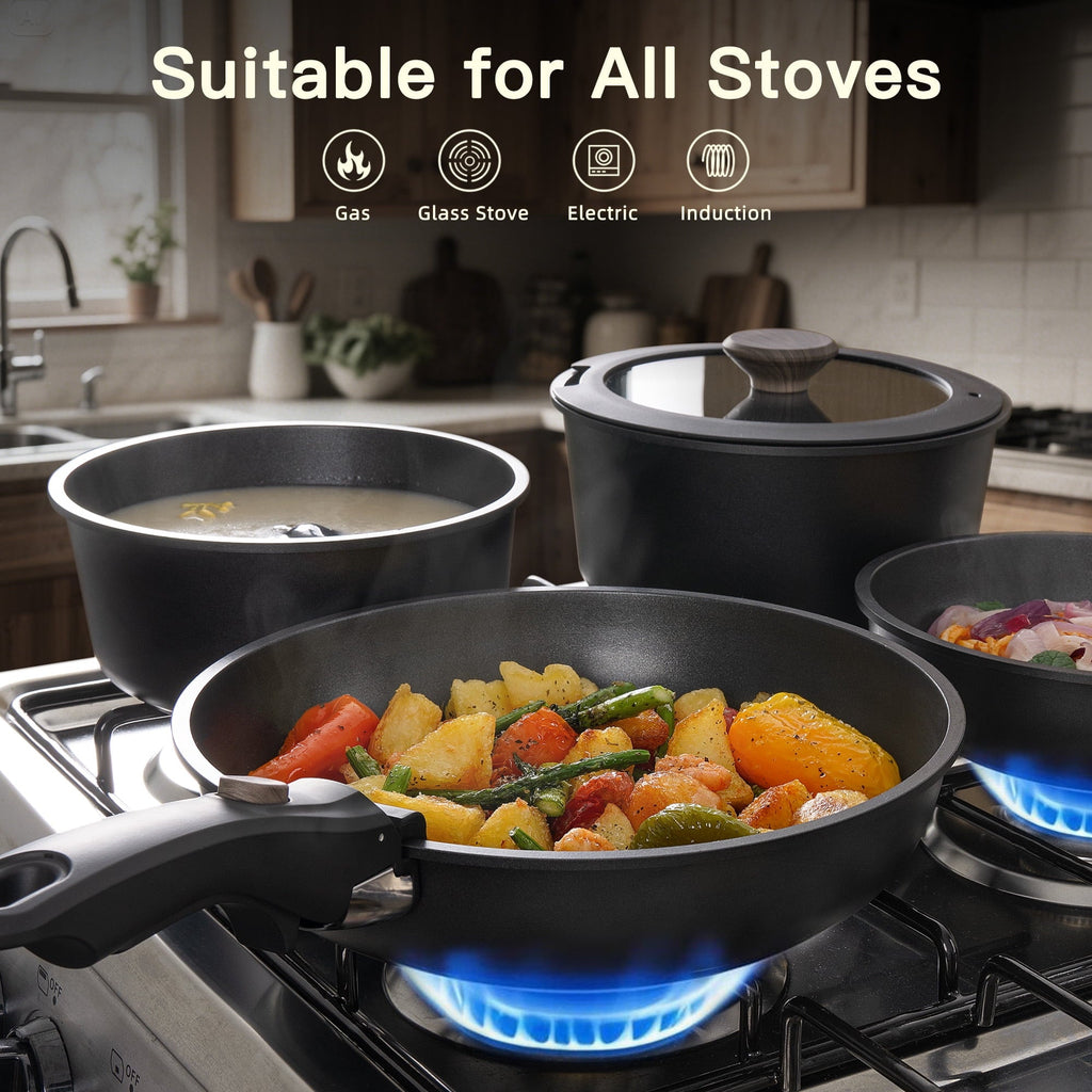 Astercook 20-Piece Pots and Pans Set, Nonstick Cookware Set with Detachable Handles, Oven & Dishwasher Safe, Induction Compatible, Stackable RV