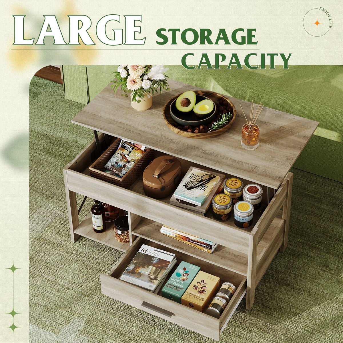 GALAXHERO Coffee Table, 39" Lift Top Coffee Table with Hidden Compartment, Storage Drawers and Storage Shelf for Living Room, Reception Room Greige