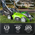 Greenworks Cordless Lawn Mower 40V 16in 4.0Ah Battery And Charger - 45Min Runtime