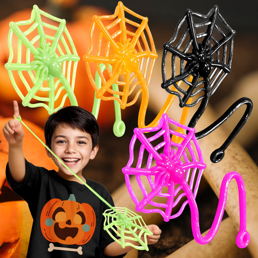 24Pcs Sticky Spider Web Party Favors Pack, 7.5 inches in Total Length, Halloween Party Favors, Gifts For Birthday, Goodie Bag Classroom Prizes, 4 colors