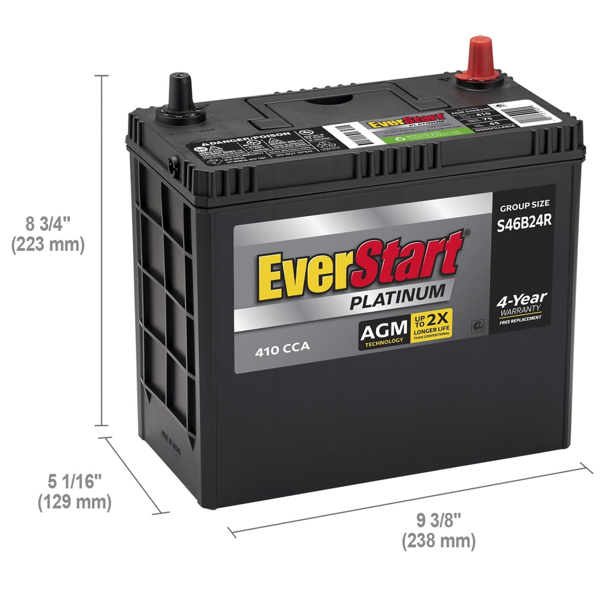 EverStart Platinum AGM Automotive Battery, Group Size S46B24R 12 Volt, minimum 325 CCA
