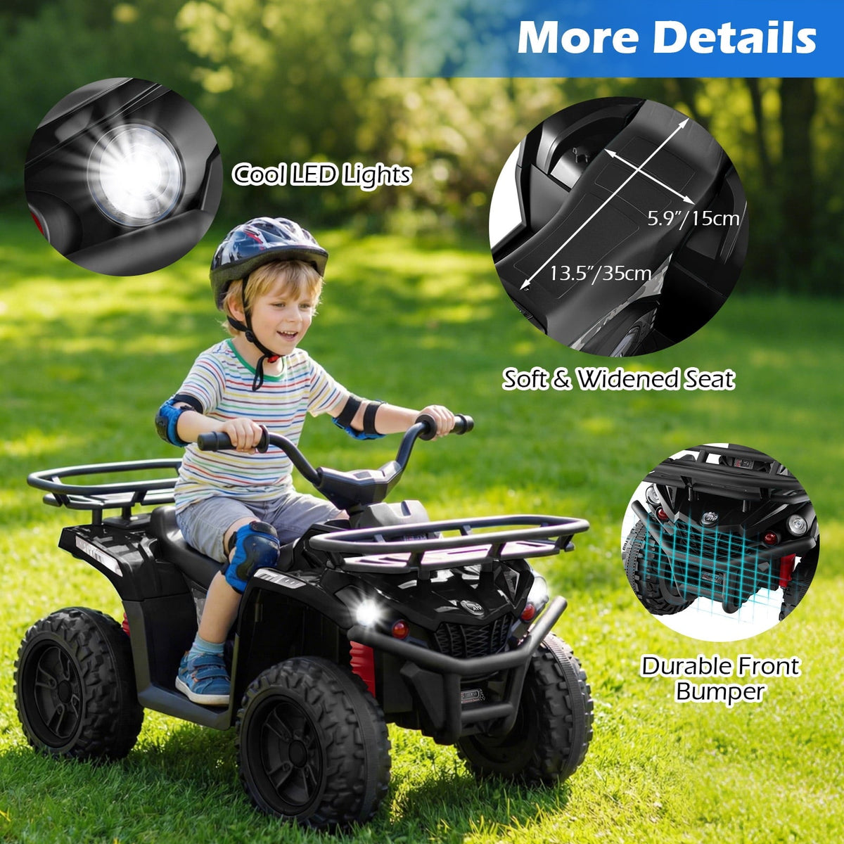 OLAKIDS 24V Kids ATV Quad with 5Mph Max Speed, Spring Suspension, LED Lights, Music & Story Player, Big Tires, 2 Storage Spaces, Ride On Car for Boys