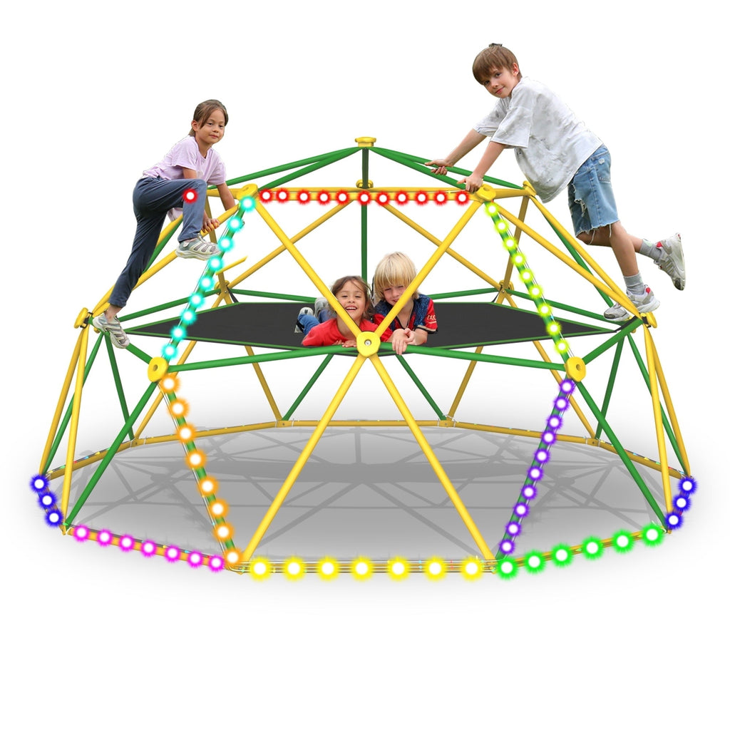 10FT Climbing Dome with Hammock and Led String Light,Fashionsport Outfitters Kids Geometric Climber Dome Jungle Gym Outdoor Play Toddler Play Set for