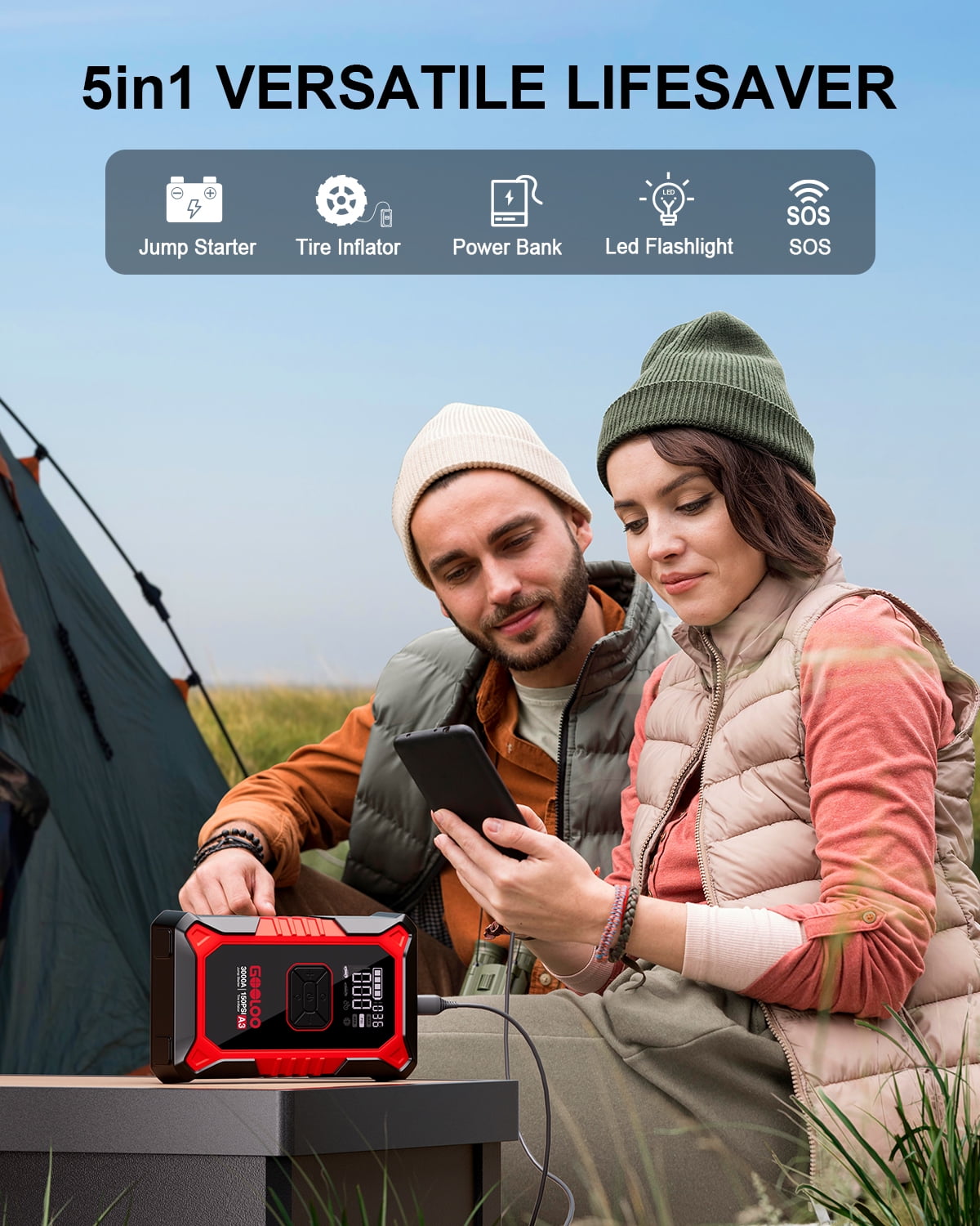 Gooloo Jump Starter with Air Compressor, 3000A Portable Car Battery Jump Starter (9.0L Gas/6.5L Diesel) with 150PSI Digital Tire Inflator, 12V Car