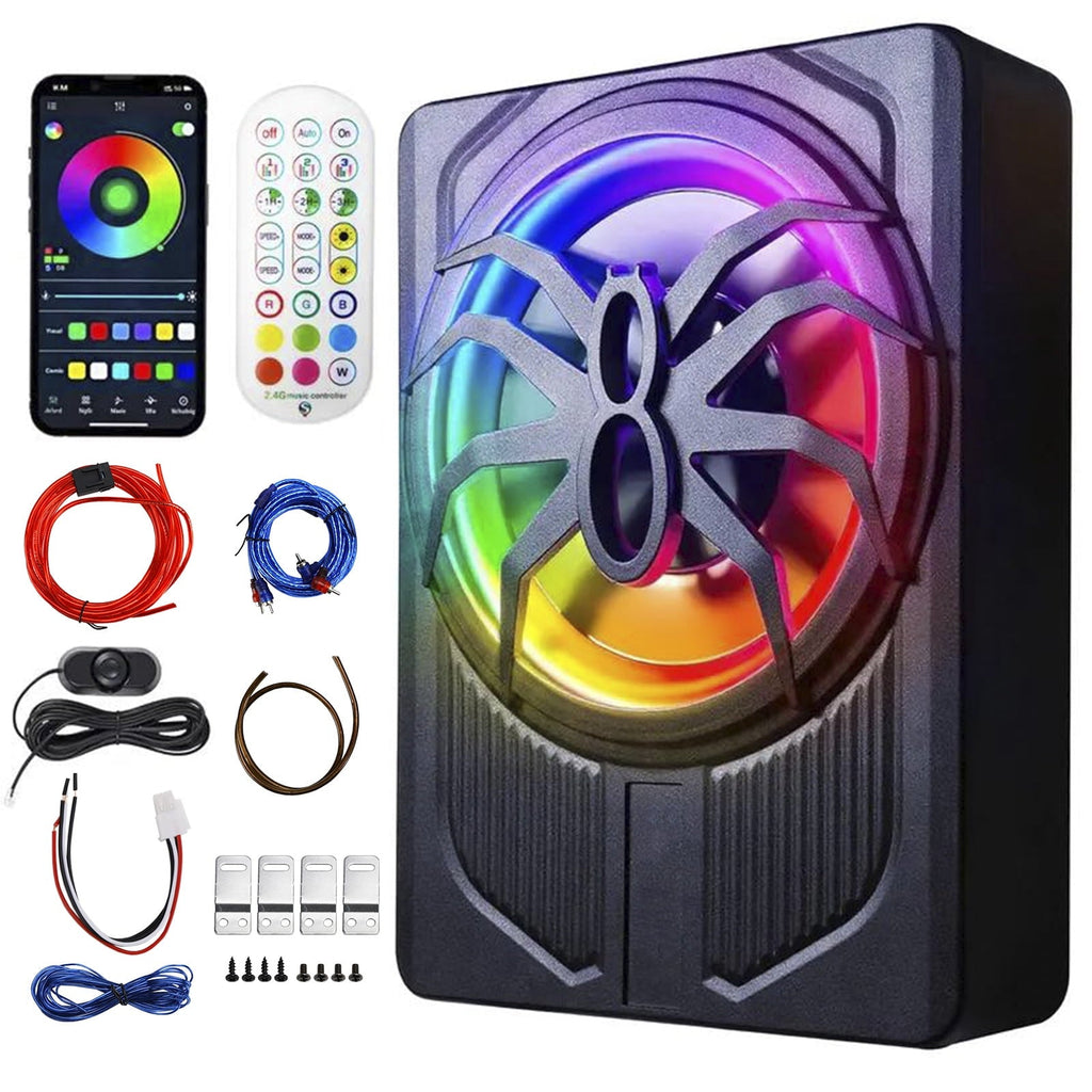 1200W Car Subwoofer with APP Control and Colour Light, 10'' 12V Slim Under Seat Powered Car Subwoofer w/Built-in Amplifier & Hi/Lo Input Bass Speaker