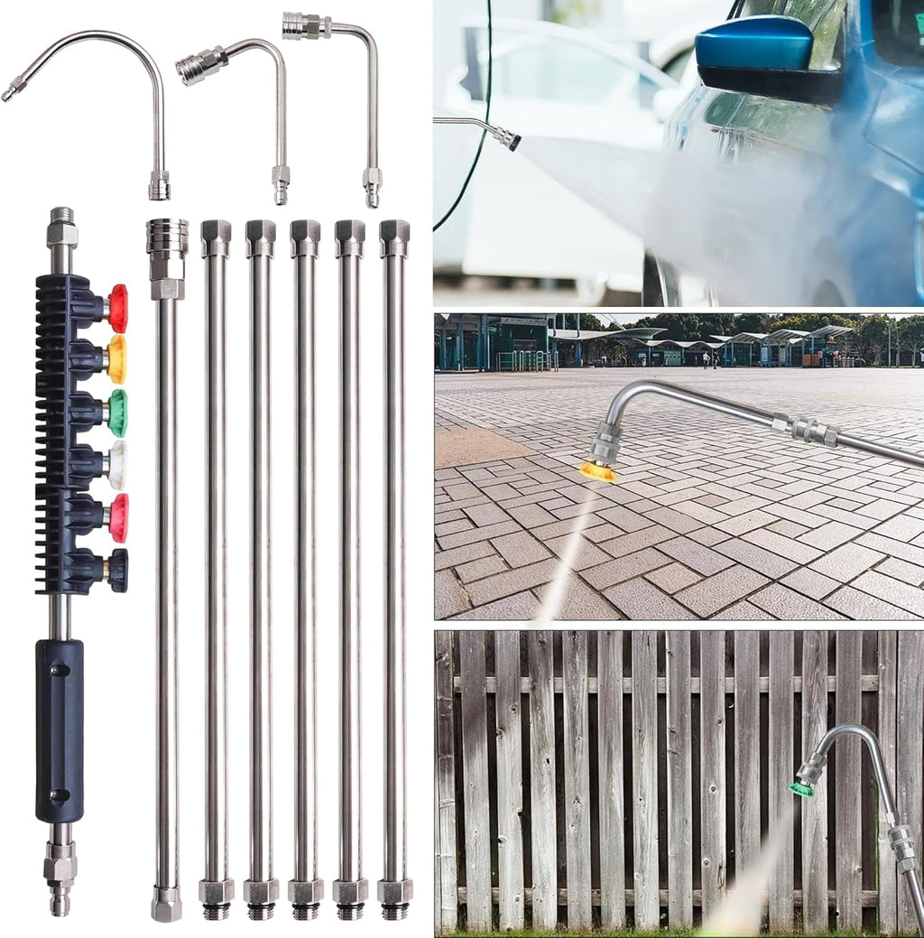 Pressure Washer Extension Wand, 10 Pack Power Washer Lance with 6 Atomization Nozzle Tips,1 Gutter Cleaner Attachment Curved Rod, 1/4" Quick Connect