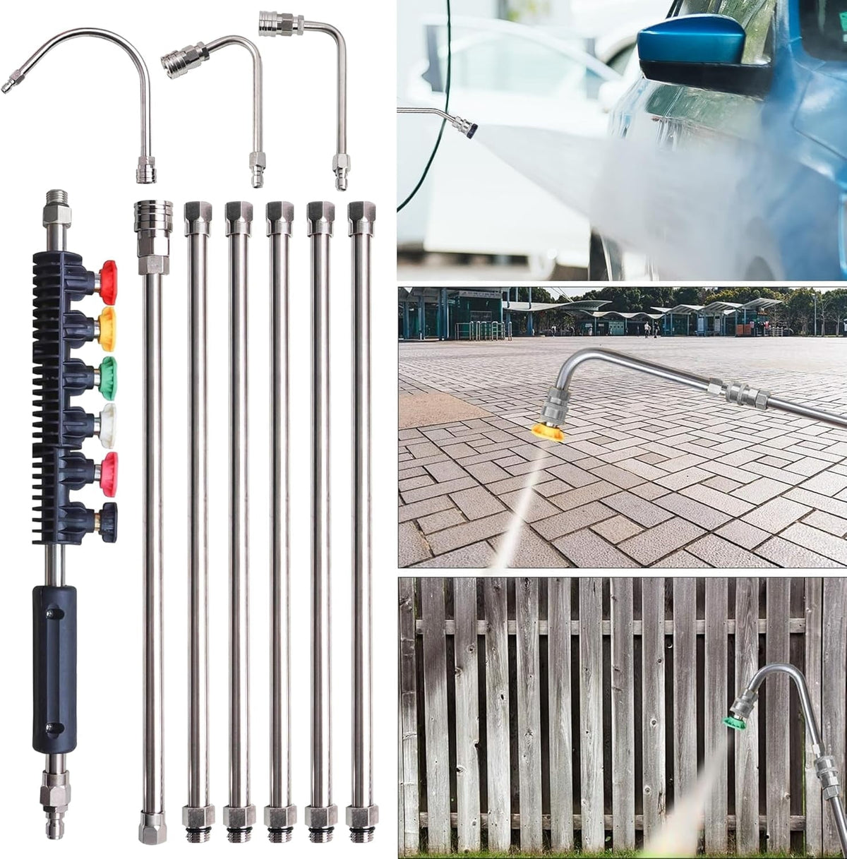 Pressure Washer Extension Wand, 10 Pack Power Washer Lance with 6 Atomization Nozzle Tips,1 Gutter Cleaner Attachment Curved Rod, 1/4" Quick Connect