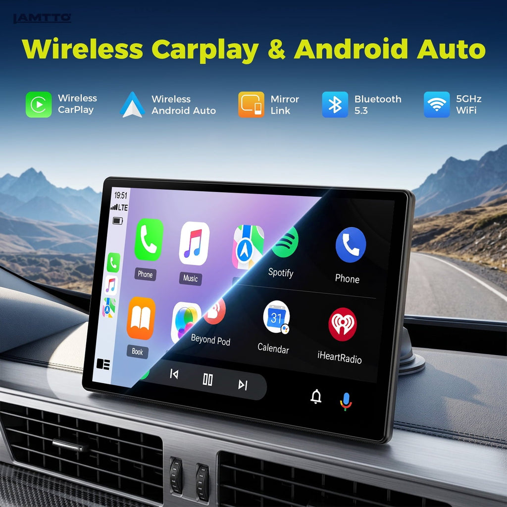LAMTTO 10.1" Portable Wireless CarPlay Screen for Old Vehicle with Super Link Mirroring, Apple CarPlay & Android Auto, Bluetooth, FM, AUX, Navigation