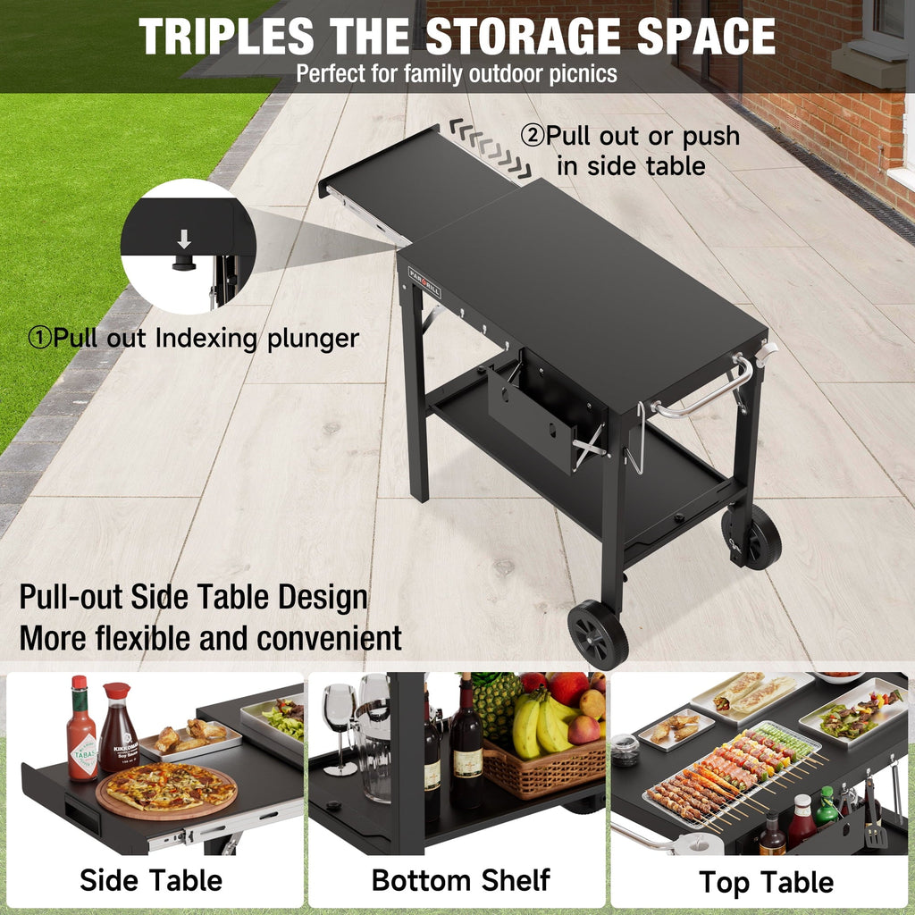 PARGRILL Outdoor Folding Grill Cart with Pull-Out Side Table, Griddle Stand Fit 17 Inch or 22 Inch, Portable Stainless Steel BBQ Prep Station with
