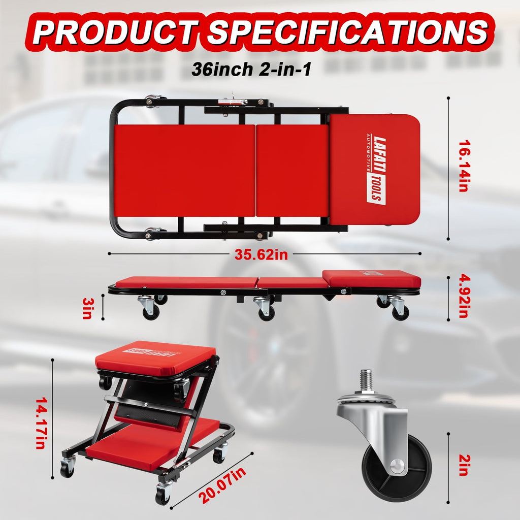 36 inch Foldable Creeper Seat, 2 in 1 Rolling Folding Car Creeper/Stool, 6 Pcs 2" Casters, 330 Lbs Weight Capacity, Wheels for Garage, Shop, Auto