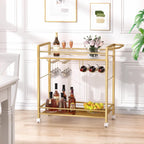 Buildhom 2-Tier Bar Cart with Wheels, Rolling Serving Cart with Wine Rack & Glass Holder for Kitchen, Living Room, Dining Room, Gold