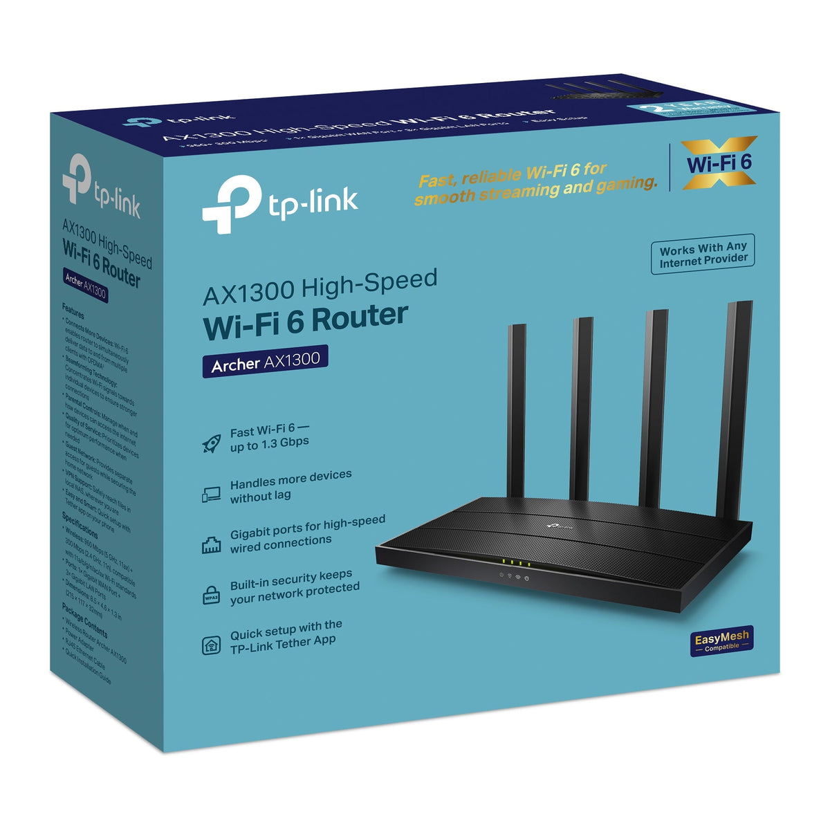 TP-Link Archer AX1300 Dual-Band High-Speed Gigabit Wi-Fi 6 Router, works with all Internet Service Providers, WPA3 Security, Easy Setup via Tether