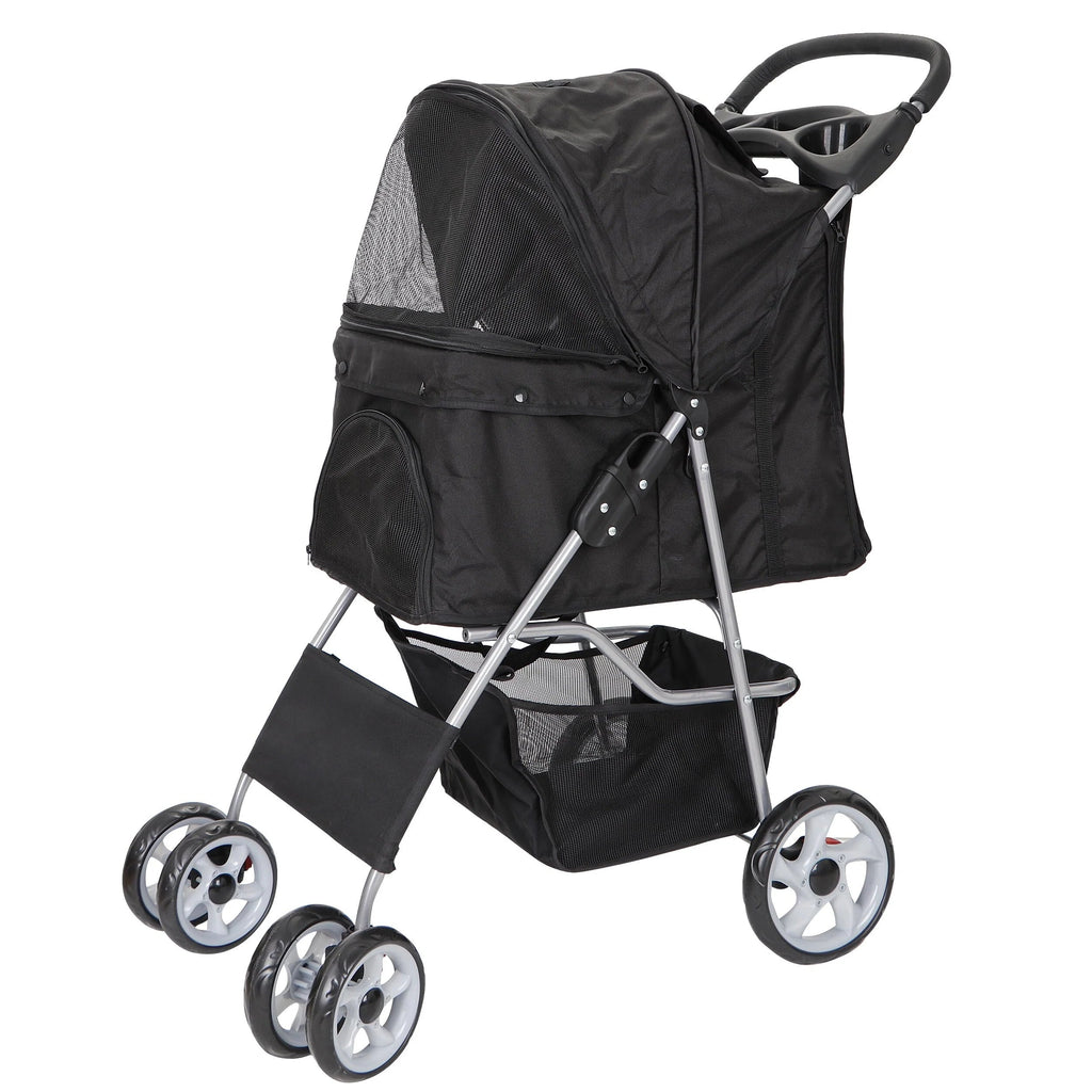 HomGarden 4 Wheel Foldable Pet Stroller Carrier Cart With Storage Basket And Cup Holder - Black