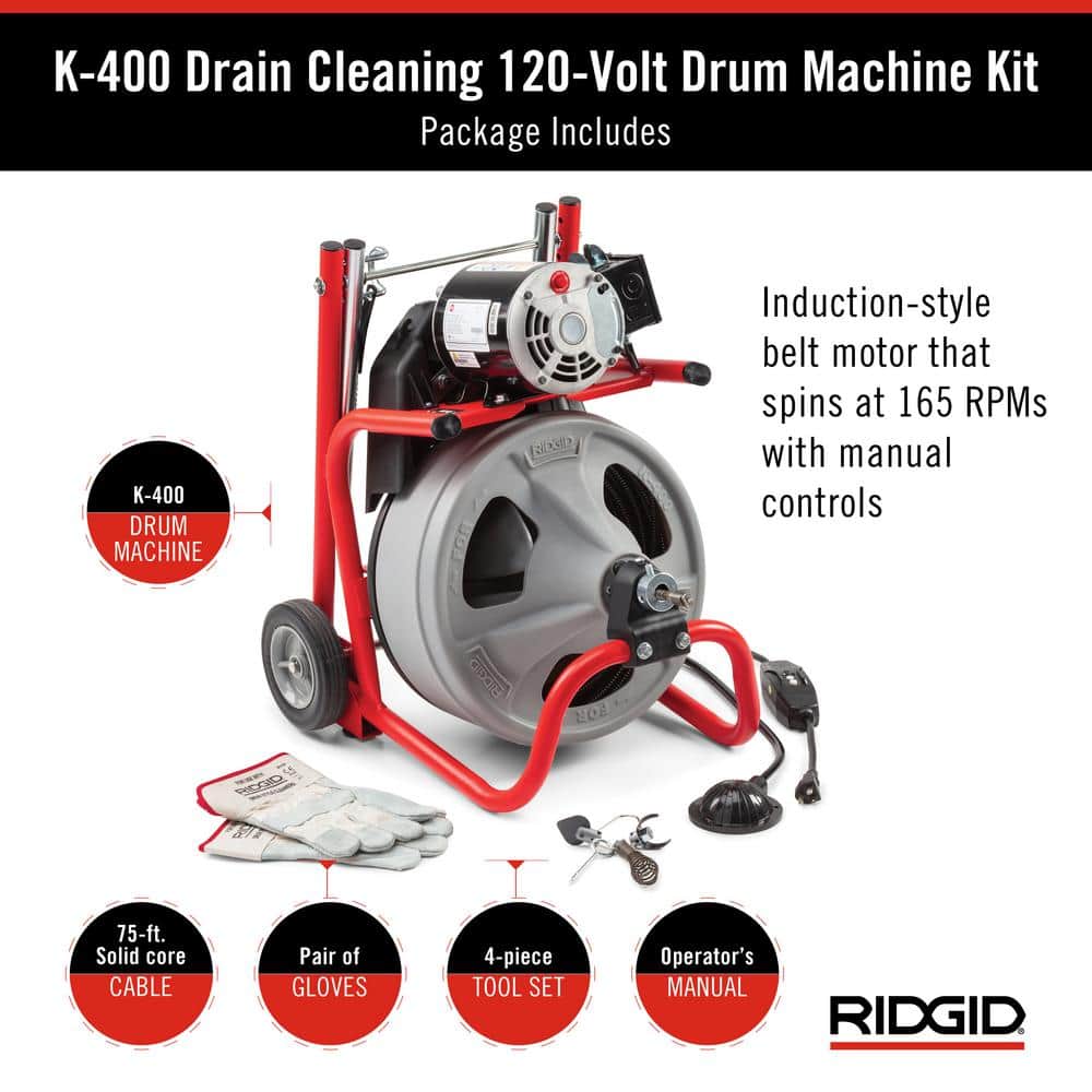 120V Drum Drain Cleaning Snake Auger With 3/8-In. X 75-Ft. Cable, 4-Piece Tool Set And Gloves