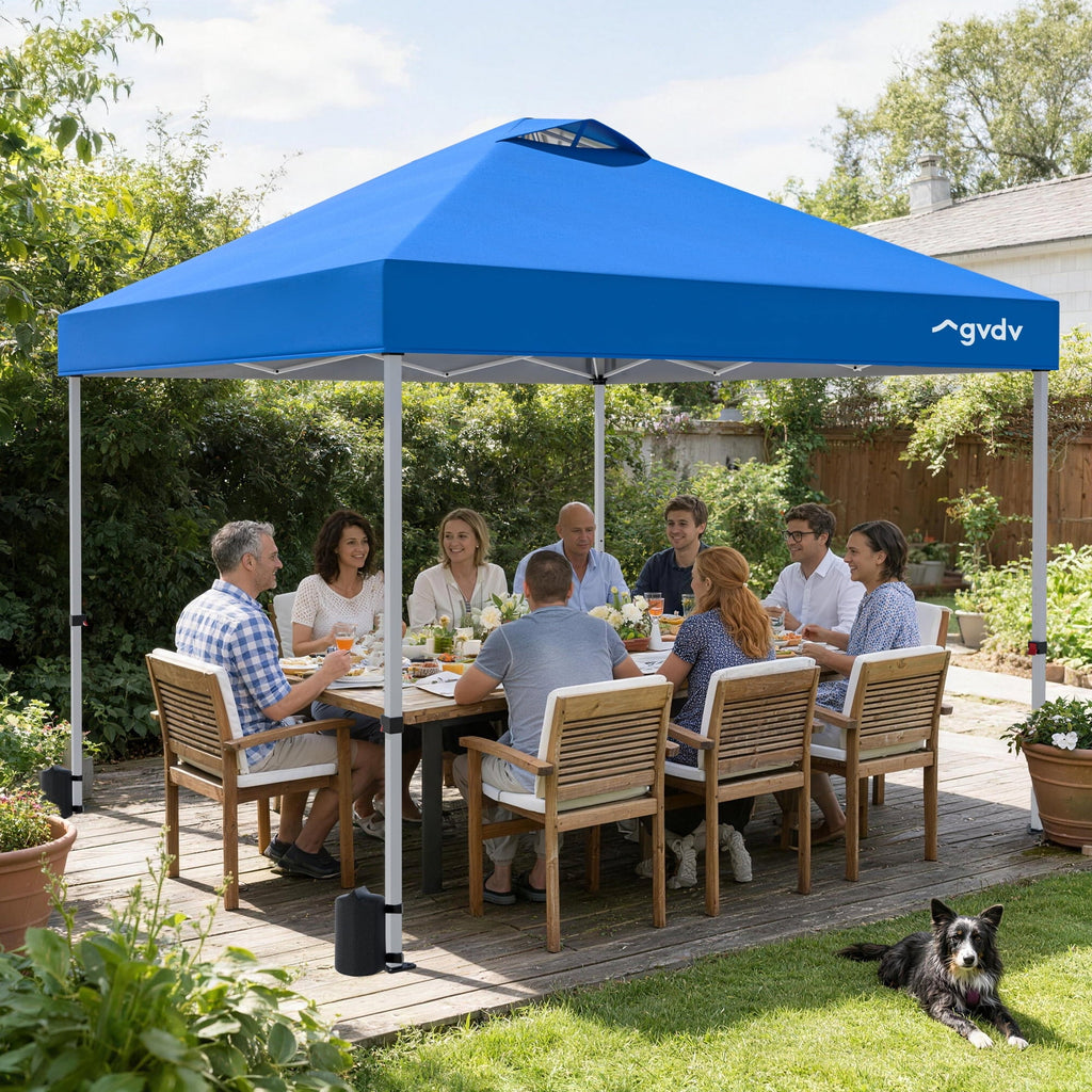 GVDV Canopy Tent, 10x10 Pop up Canopy Outdoor Shade with Wheeled Bag, Easy up Sun Shelter with Vents, Blue