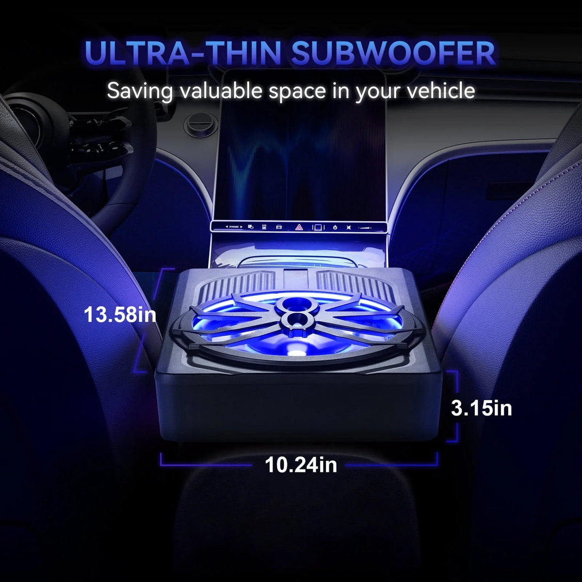 1200W Car Subwoofer with APP Control and Colour Light, 10'' 12V Slim Under Seat Powered Car Subwoofer w/Built-in Amplifier & Hi/Lo Input Bass Speaker