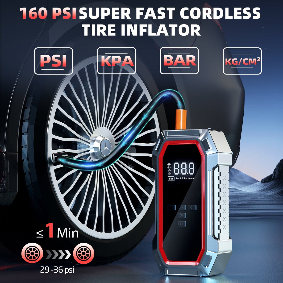 5000A Portable Jump Starter with Air Compressor, 160 PSI Tire Inflator for Cars, Trucks & SUVs, 12V Car Battery Jumper Box with LCD Display, LED