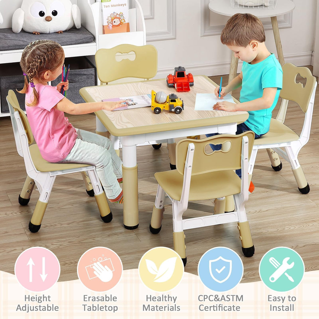TROPOW Kids Table and Chairs,Height Adjustable Toddler Table and 4 Chair,Multi-Activity Table with Graffiti Desktop Non-Slip Legs for Ages 2-10