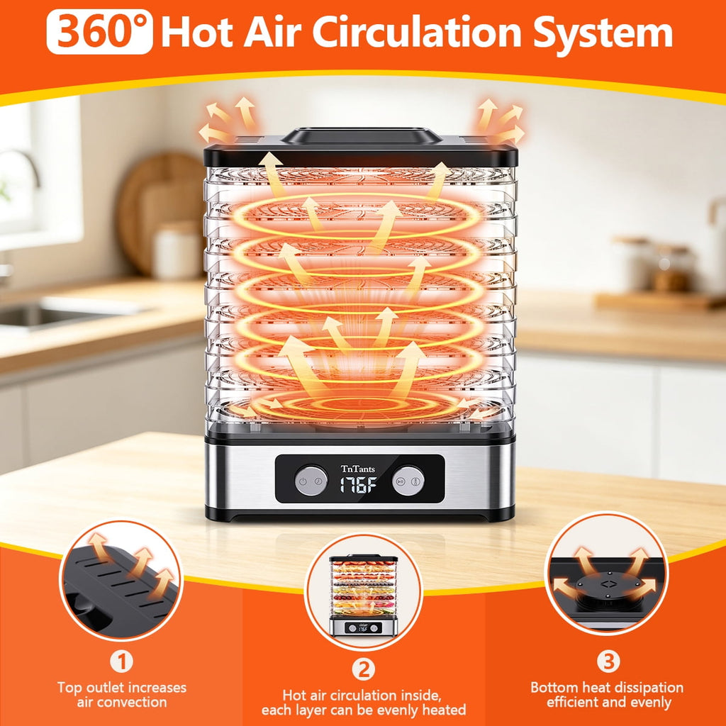 TNTANTS Food Dehydrator, 8 Trays Electric Dehydrator with Adjustable 48H Timer & 95-176℉ Temperature Control, Dehydrator for Food and Jerky, Fruits